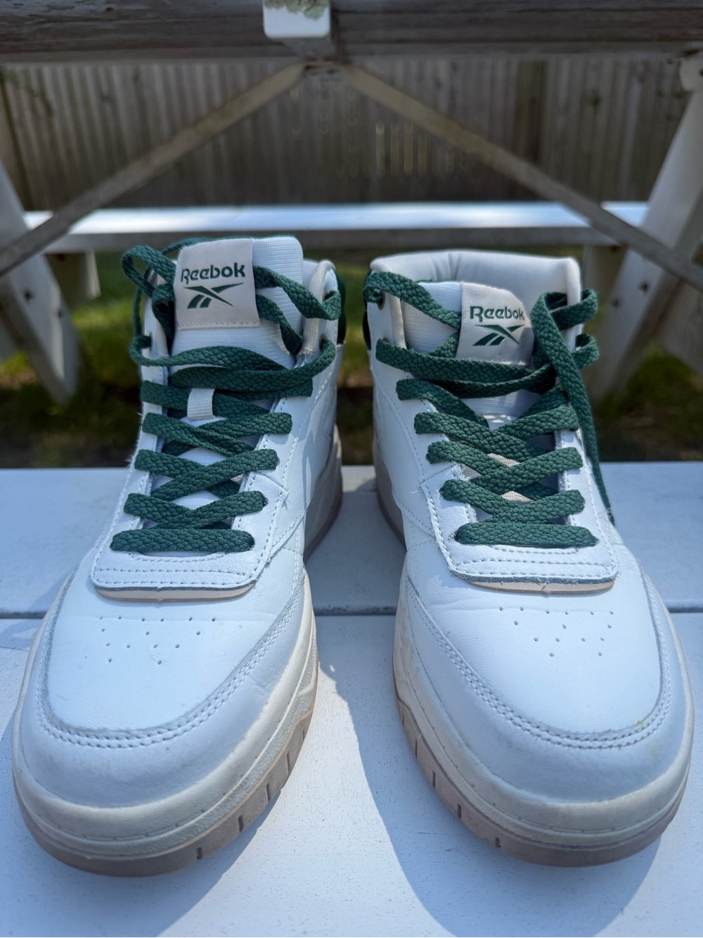 Reebok White Sneakers with Green Interior and Laces